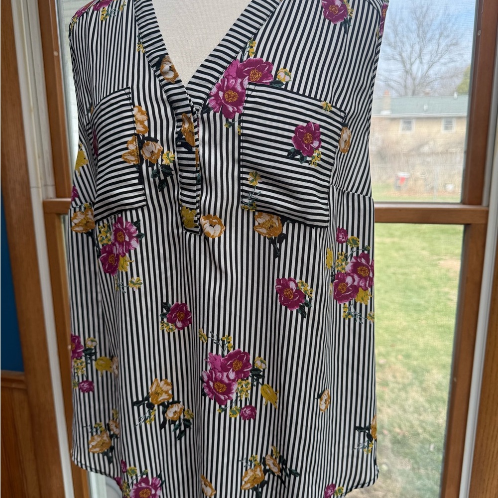 Torrid Black and White Striped Blouse with Floral Accents